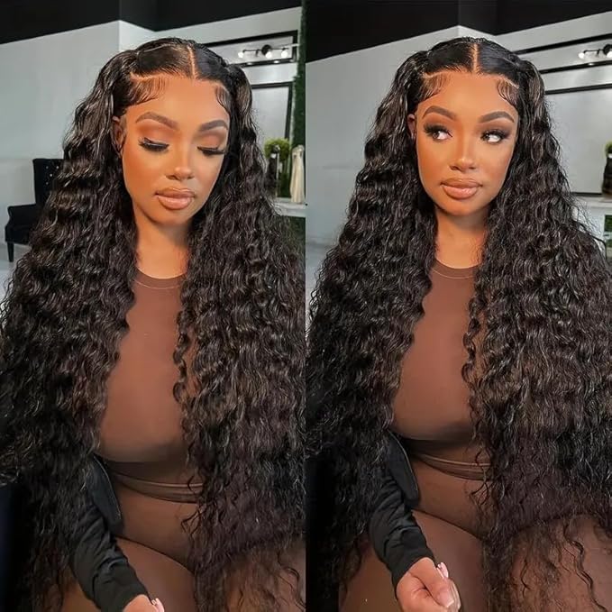 34 Inch Deep Wave Lace Front Wigs Human Hair 250% Density 13x6 HD Transparent Lace Frontal Wigs Human Hair Curly Wigs for Women Pre Plucked with Baby Hair Natural Color