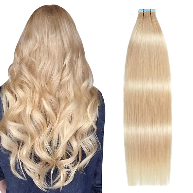 SUYYA Tape in Hair Extensions Human Hair 50g/pack 20pcs Straight Seamless Skin Weft Tape in Real Human Hair Extensions(20inch 16# Light Blonde)