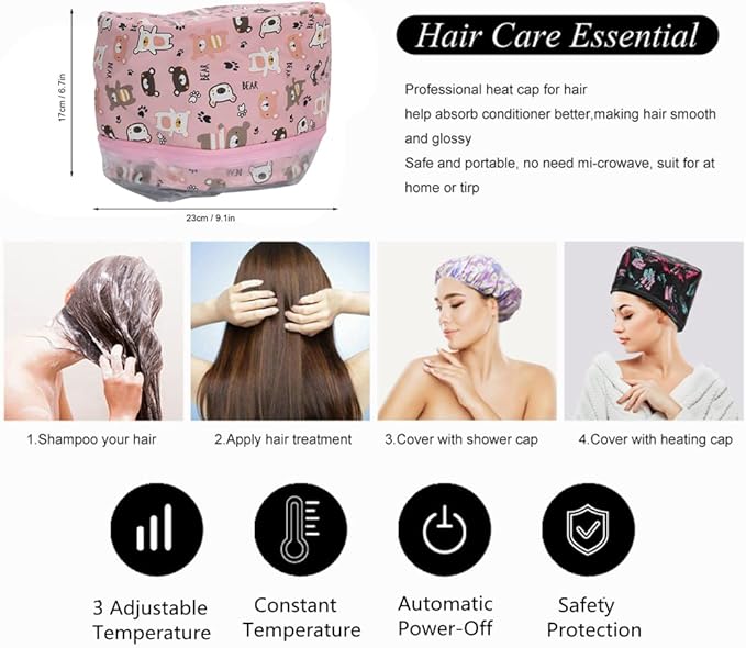 fuwinkr Hair Steamer Thermal Heat Cap Electric Hair Cap Deep Conditioning Natural Hair Scalp Treatment Spa Adjustable Oil Treatment Steamer Hat Hot Head Care(US)