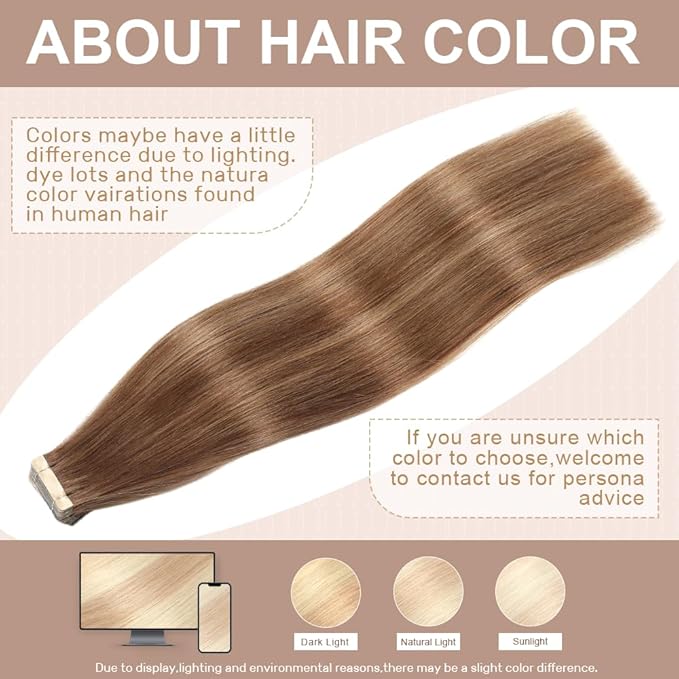 Tape in Hair Extensions Human Hair Chocolate Brown to Caramel Blonde Hair Extensions 18 Inch 20pcs Remy Straight Human Hair Tape in Extensions Skin Weft Tape Extensions Human Hair