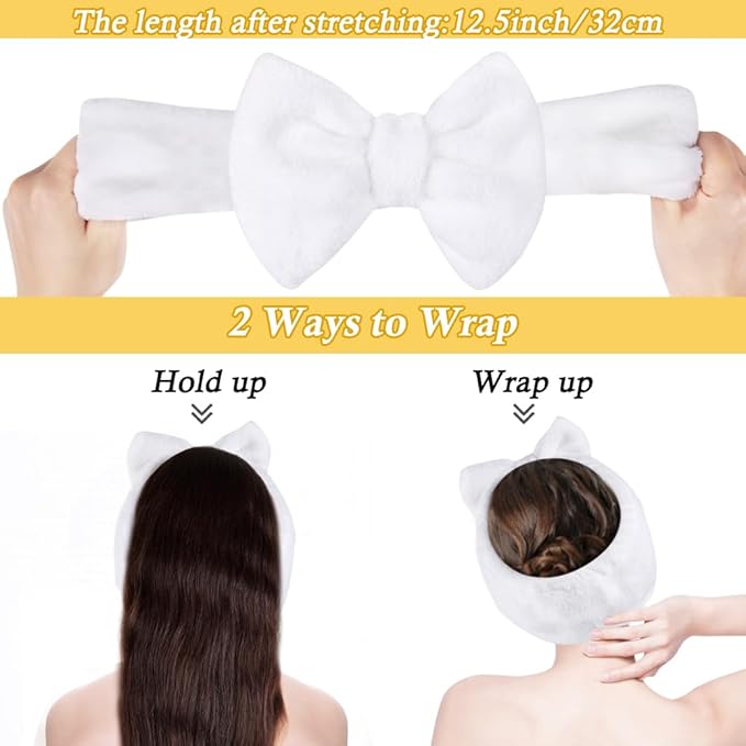Shintop Skincare Headband, Soft Spa Headband Makeup Headwear with Cute Bow Elastic Hairband for Washing Face Facial Mask Showers（White）