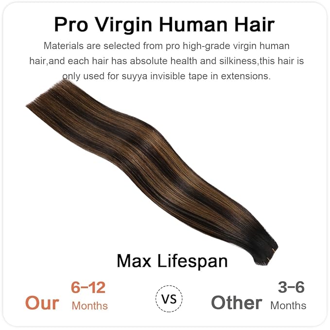 SUYYA Invisible Tape in Hair Extensions Human Hair Seamless Injected Hand-Tied Pro Virgin Human Hair Tape Ins Balayage Natural Black to Chestnut Brown 20PCS 50G/Pack Straight(18 inch #P1B/6/T1B)