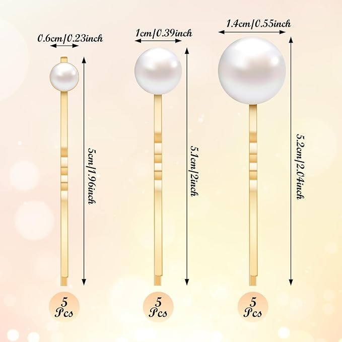 15 Pcs Gold Pearl Hair Pins, Pearl Hair Clips Slides in 3 Sizes Wedding Elegant Pearls Hairpins Decorative Bobby Pins Barrettes Accessories for Women Brides Bridesmaid
