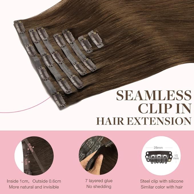GOO GOO Clip in Hair Extensions Real Human Hair, Remy Human Hair Extensions Clip ins for Women, Natural Human Hair, 18inch 110g 7Pcs, 4A Chocolate Brown