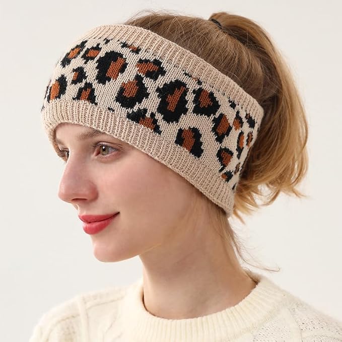 Women Leopard Knit Headband,Warm Sports Headscarf,Soft Stretchy Wide Hair Band,Fashion Accessories for Daily Wear
