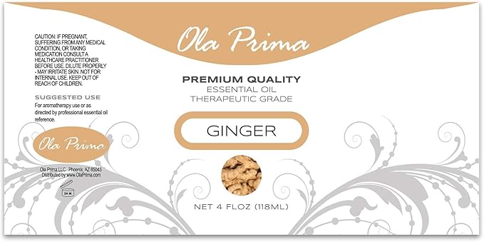Ola Prima Ginger Essential Oil Therapeutic Grade for Aromatherapy, Diffuser, Lymphatic Massage, Hair, Skin – 4 fl oz Dropper