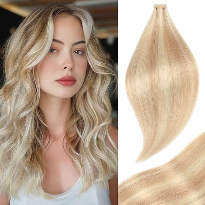 Tape in Human Hair Extensions Ash Blonde Highlighted Bleach Blonde 18 Inch 20pcs Straight Double Sided Remy Invisible Tape in Hair Extensions Human Hair (P18K/60#,18 Inch)