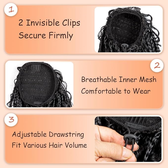 Drawstring Ponytail for Women 24 inch Boho Braids with Long Wavy Hair Ponytail Extension Clip in Synthetic Hair Extensions Ponytail for Daily Use (T1B/30#, 24 Inch)