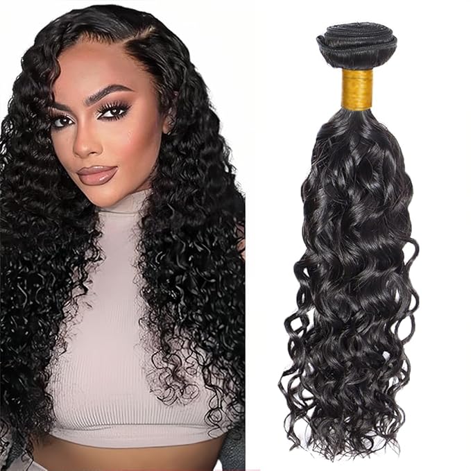 Bundles Human Hair Color 1B Water Wave Bundles Niegmeag Brazilian Virgin Remy Hair 1 Bundle 12 Inch Natural Black Wet and Wavy Bundle Double Weft Hair Weave