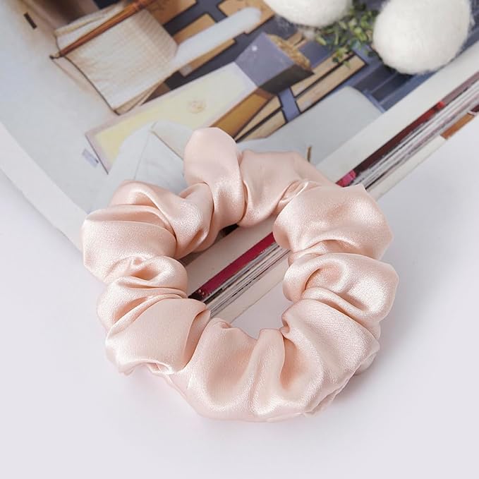 19Momme Silk Scrunchie Thick Hair Ties for Curly Hair, No Slip Hair Bands for Women, Vintage Satin Hair Accessories (Blush Pink,Black,Azure Breeze‌)