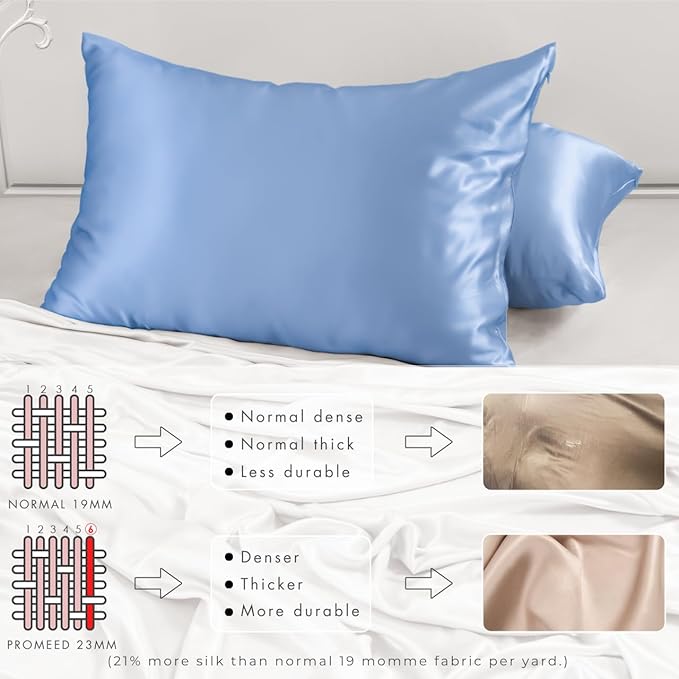 PROMEED 23 Momme Silk Pillowcase 2 Pack for Hair and Skin, 3rd Gen Grade 6A+ 100% Mulberry Silk Pillow Case Set of 2, Cooling Pillow Cases for Hot Sleepers (Standard 20"x26", Light Blue)