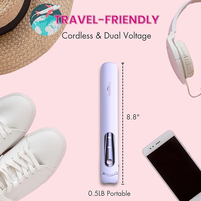 Cordless Hair Straightener, Portable Flat Iron and Curler 2 in 1, Fast Heat, Type-C Rechargeable, for Travel/Home (Purple)