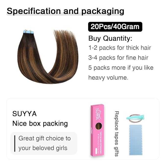 SUYYA Tape in Hair Extensions Human Hair Balayage Darkest Brown to Light Brown 14 Inch 40g/pack 20pcs Straight Seamless Skin Weft Tape in Real Human Hair Extensions(14inch #P2/8/T2)