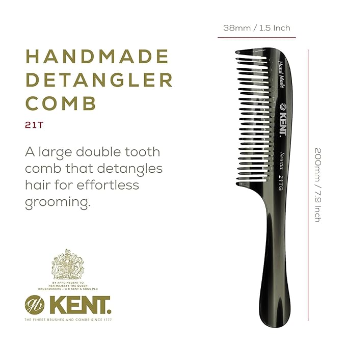 Kent 21T Black Graphite Large Detangling Comb, Wide Teeth for Thick Curly Wavy Hair. Long Hair Detangler Comb For Wet and Dry. Handmade of Quality Cellulose, Saw-Cut Hand Polished, Made in England