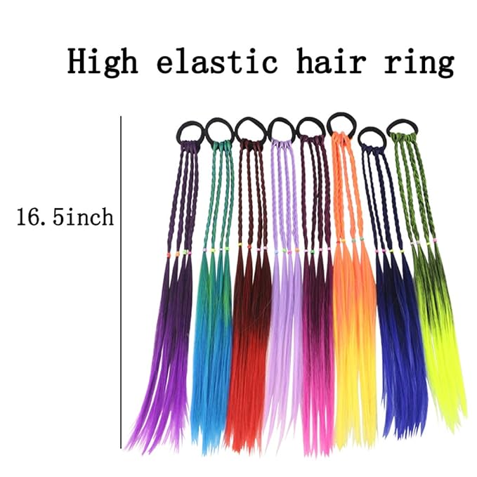 Colored Braids Hair Extensions with Rubber Bands Rainbow Braided Synthetic Hairpieces Ponytail Hair Accessories for Women Kids Girls Party Highlights Cosplay Dress Up (8PCS D Style)