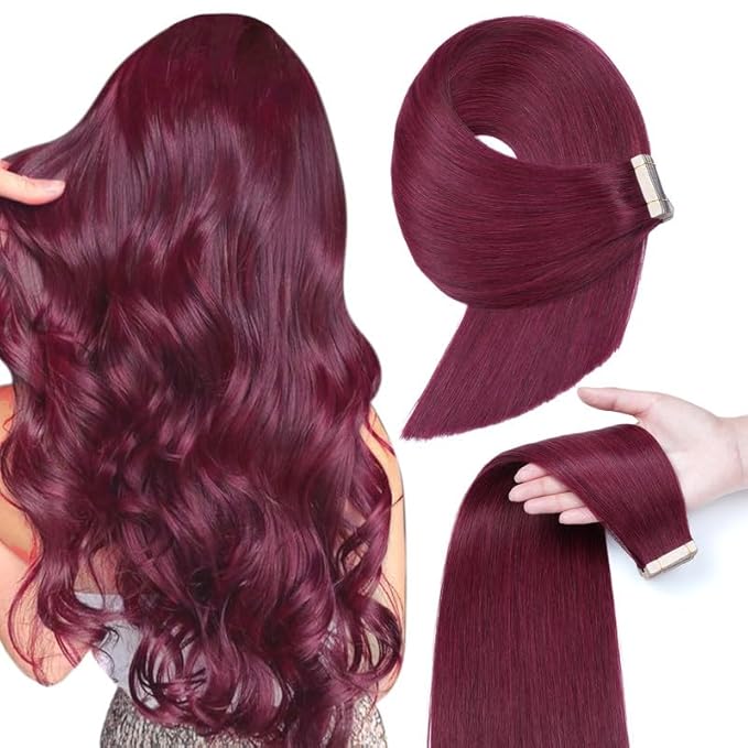 Wine Red 99J 24 Inch Tape in Hair Extensions Human Hair Burgundy Tape in Human Hair Invisible Double Sided Seamless Skin Weft Hair (#A99J,24 Inch)