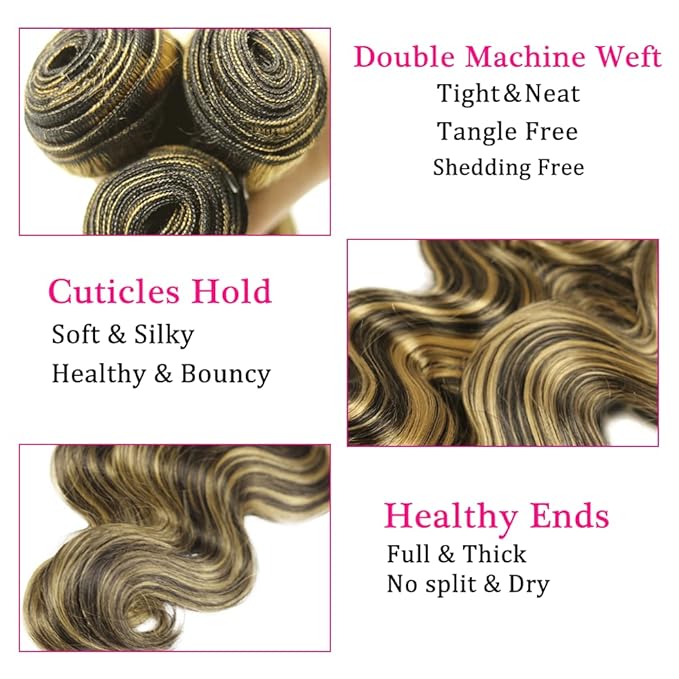 Highlight Human Hair Bundles Blonde Body Wave Bundle Mixed Length 3 Bundles 16 18 20 Inch Niegmeag Peruvian Virgin Remy Hair Extensions