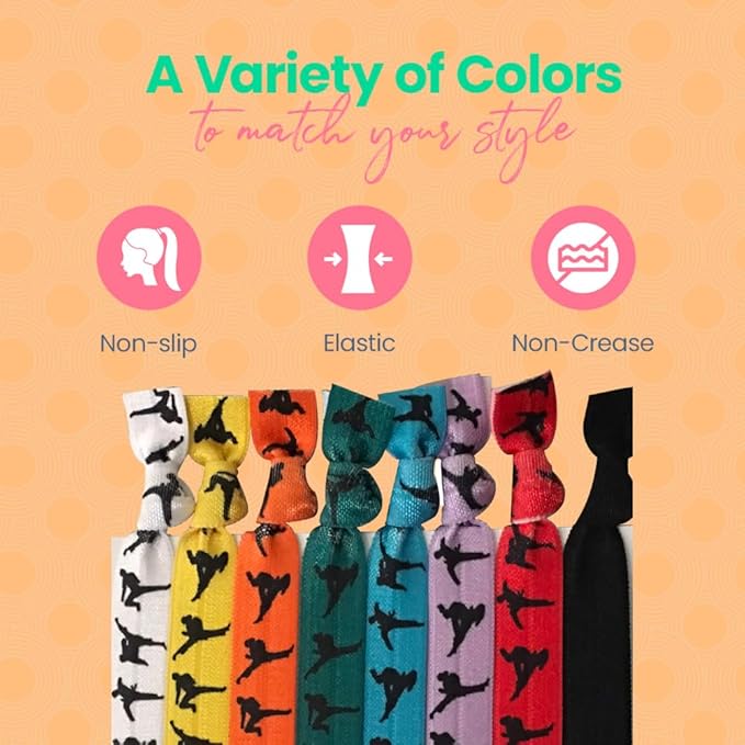Sportybella Multicolored Karate Hair Ties- Martial Arts Hair Accessories For Girls. No Crease, No Tug Elastic Hair Ties Set. Ponytail Holders for Karate or Martial Artists, Students & Coaches, 8pcs.