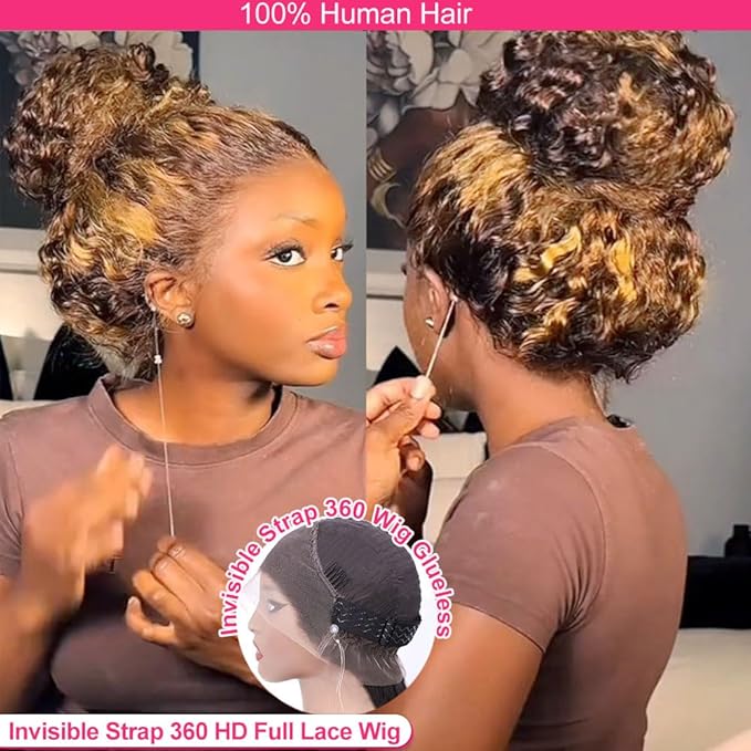 Hidden Strap 360 Water Wave 220% Density Honey Blonde Deep Curly Human Hair wig Ombre Deep Wave 4/27 Highlight Lace Front Wigs Pre Plucked Wet And Wavy Water Wave Wig for Women 20 Inch