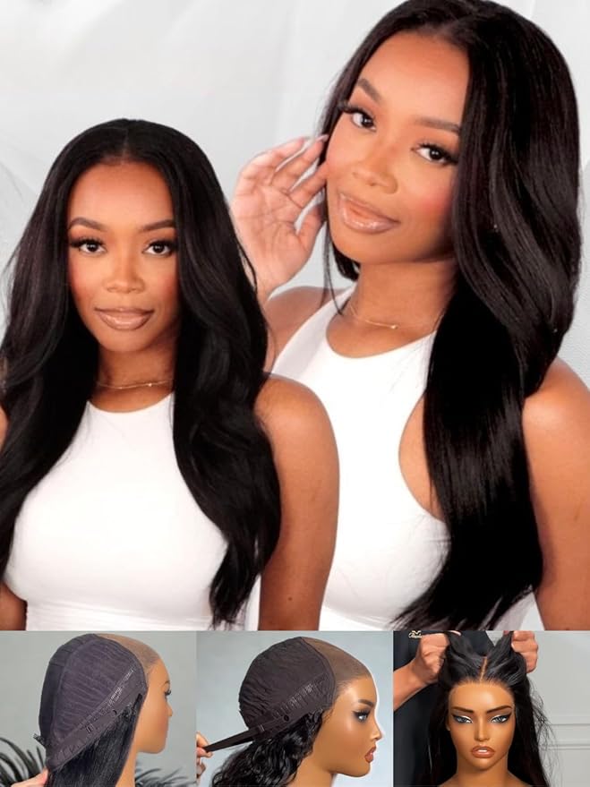 YIROO No Slip 7x5 Bye Bye Knots Yaki Straight Lace Front Glueless Drawstring Wig Human Hair with Deep Stretch Cap Fits All Head Sizes,Pre-Plucked Pre-Cut Wear and Go Wig for Women 150% Density 18Inch