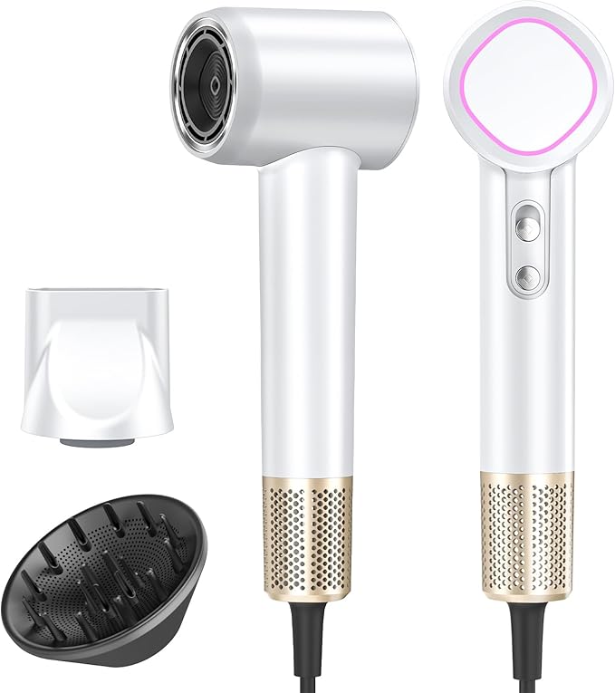 Hair Dryer, 160000 RPM High-Speed Brushless Motor with 500 Million Negative Ions, Professional Ionic Blow Dryer with Magnetic Diffuser & Nozzle,Lightweight for Home Travel Salon(White)