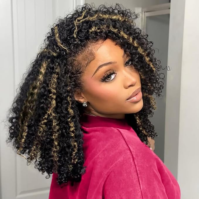 Kinky Curly Half Wig Human Hair 200% Density Ombre Wear Go Glueless Wigs Human Hair Hightlight Blonde Curly 3 In 1 Half Wigs for Women Drawstring Seamless Flip Headband Wig Beginner Friendly 18 Inch