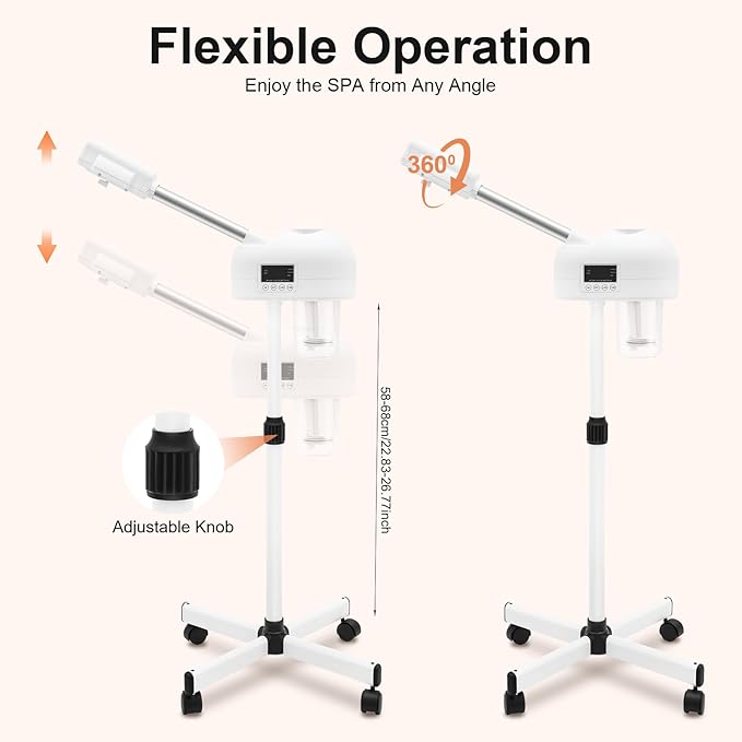 Professional Facial Steamer, 750W White Skin Care Equipment w/Wheels & LCD Panel, PTC Heating, 600ml Large Capacity Face Steamer Machine, Adjustable Height Hot Mist Steamer for Beauty Salon