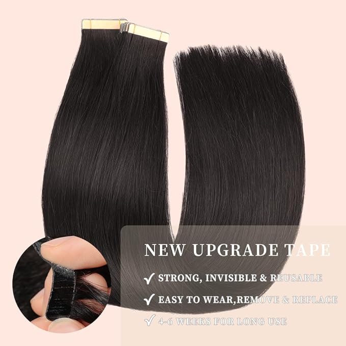 Tape in Hair Extensions Real Human Hair 16 Inch Jet Black Double Sided Tape for Skin Weft Hair Extension Invisible Tape in Hair Extensions Straight Remy Human Hair for Women(1#,16 Inch)
