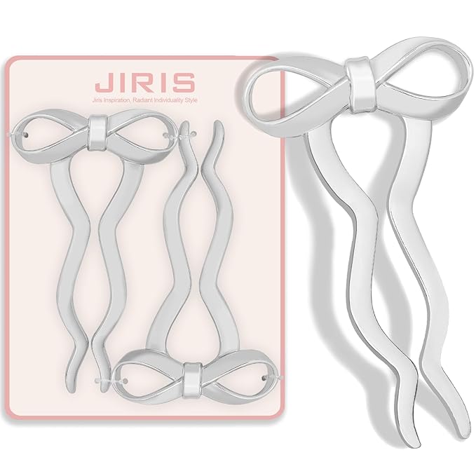 2PCS 5.5Inch Bow French Hair Pins Large U-Shaped Pins for Women and Girls Fashion Metal Hair Pin French Twist Hair Pins for Buns, Updos,Stylish and Functional(set5-silver)