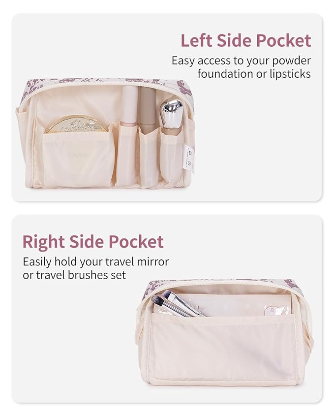 Narwey Small Cute Floral Makeup Bag for Purse Mini Cosmetic Bag Travel Makeup Pouch Zipper Pouch Cute Make up Bags with Compartments for Women Girls (Little Dusty Pink Flower, Small)