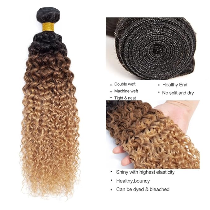 27 Curly Human Hair Bundles Ombre Brown Bundles 24 26 28 Inch Niegmeag Hair 3 Tone Brown and Honey Blonde Bundle Peruvian Grade 8A Virgin Remy Hair Extensions