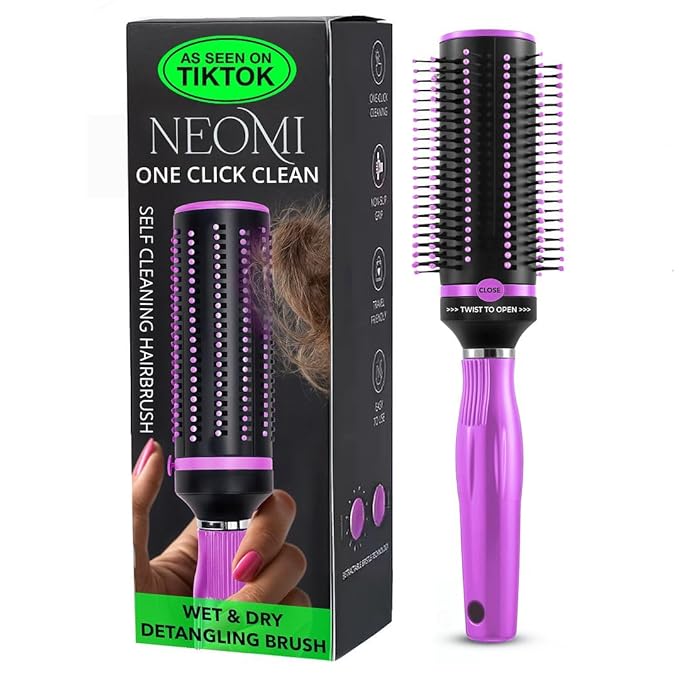 Self Cleaning Hair Brushes for Women - Curly Hair Detangler Brush Comb - Round Roller Retractable Travel Hairbrush - Purple Christmas Gifts