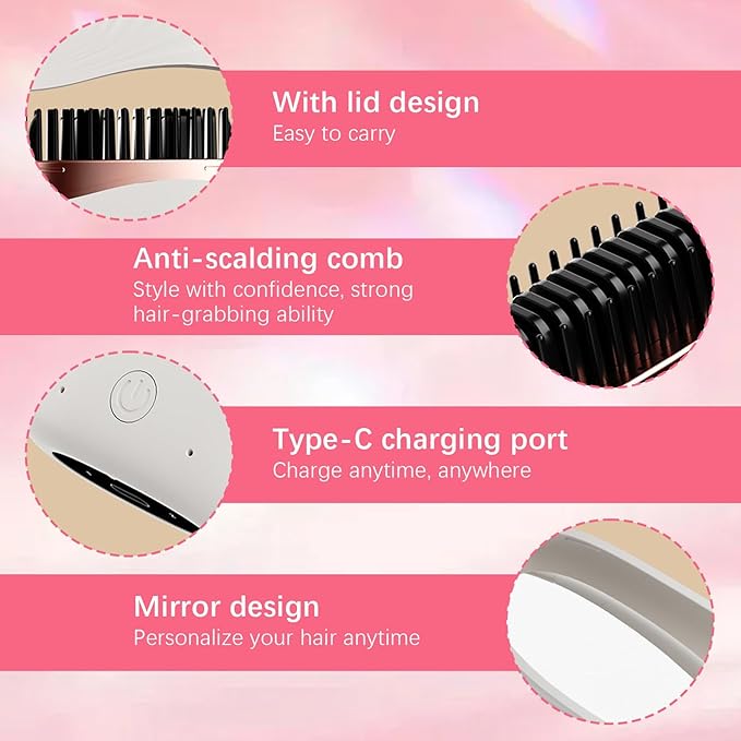 Mini Straightener, Rechargeable Portable Hair Straightener Comb, Fast Heating Hot Comb with Mirror, Wireless 2-in-1 Hairs Dressing Combs with 2 Adjustable Temperatures (Pink)