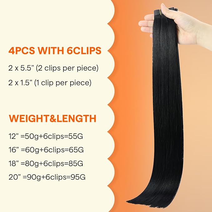 Full Shine Seamless Clip in Hair Extensions Real Human Hair, 20Inch Black Hair Extensions for Thin Hair Fill Ins Remy Human Hair for Women, Add Thickness & Length Color1 4Pcs 95g