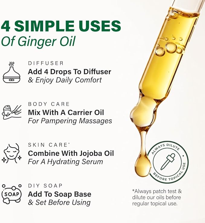 KUKKA Ginger Essential Oils - 4 Fl Oz - for Hair, Skin, Diffuser, Aromatherapy & DIY Soap Making Scent