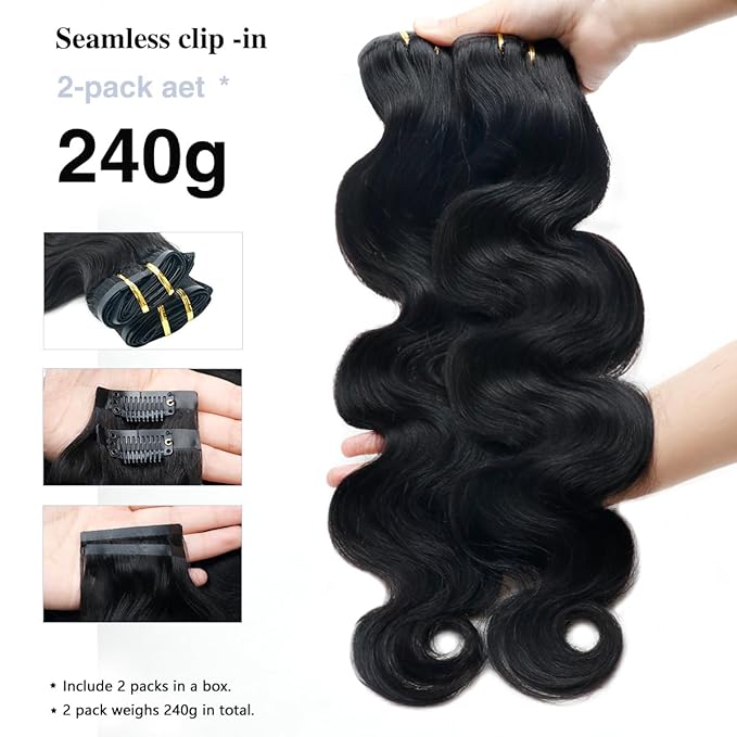 2 Pack 240g Body Wave Seamless Clip in Hair Extensions Real Human Hair 16Pcs Full Head 15A Remy Human Hair Clip ins with PU Skin Weft 18inch Natural Black