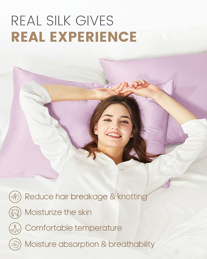 THXSILK Set of 2 Silk Pillowcase for Hair and Skin, 100% Mulberry Silk Bed Pillowcase Ultra-Soft, Hypoallergenic Soft Breathable Silk Pillow Case with Hidden Zipper, King Size 20"x36", Light Purple