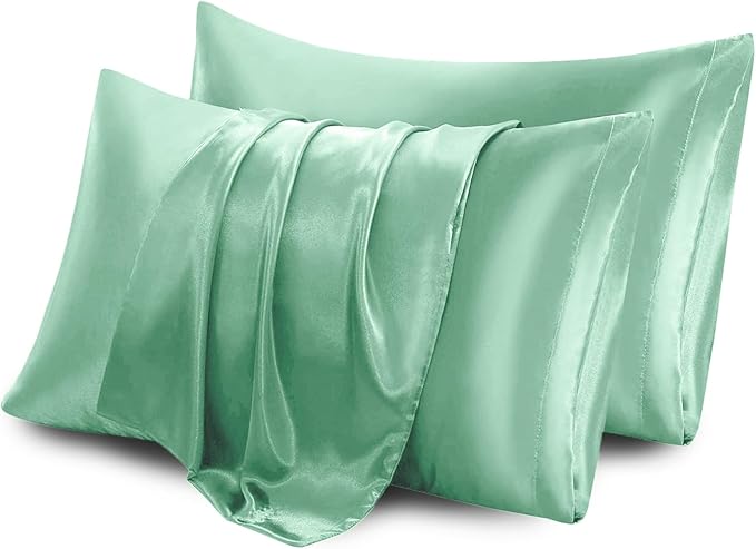 Aormenzy Satin Pillow Cases for Women Standard Size Set of 2, Mint Green Satin Pillowcase for Hair with Envelope Closure Silky Pillow Covers Wrinkle, Fade Resistant (20x26 Inches)