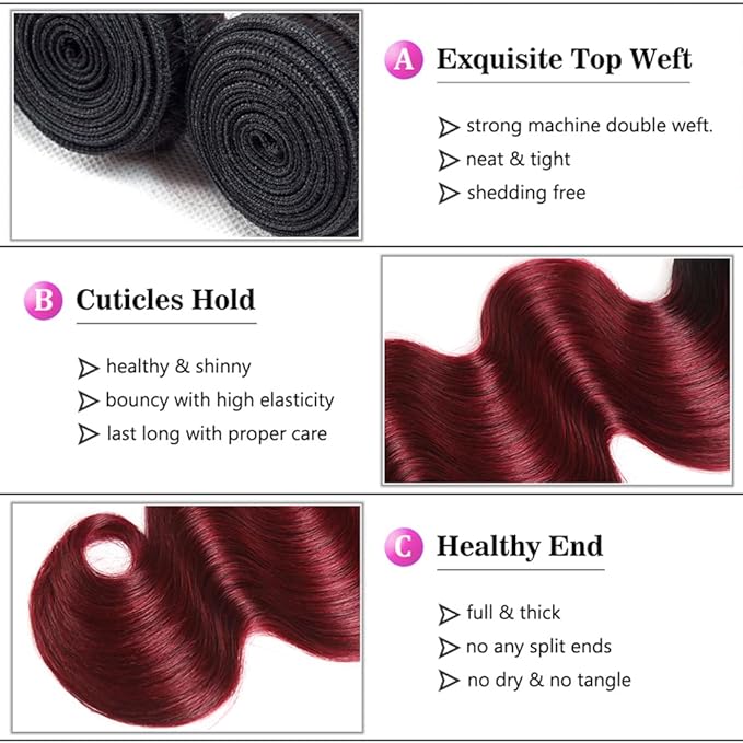 30 32 34 Inch Ombre Bundles Human Hair Burgundy Body Wave Bundles Niegmeag Double Weft 2 Tone Black and Red Body Wave Bundle 1B99J Color 150g