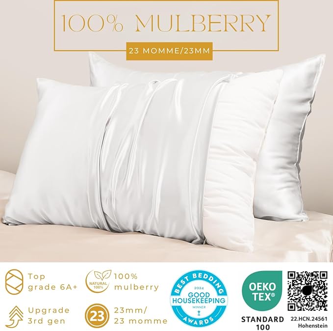 PROMEED 23 Momme Silk Pillowcase 2 Pack Toddler/Travel Size with Free Laundry Bag, Highest Grade 6A+ 100% Mulberry Silk Pillow Case Set of 2, Zipper (Toddler/Travel 13"x18", White)
