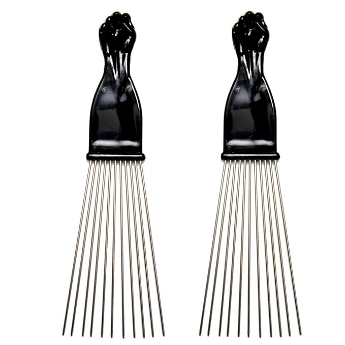 (2 Pack) 9" Black Fist Metal Afro Pick Lift Hair Comb Detangle Wig Braid Hair Man Styling Comb