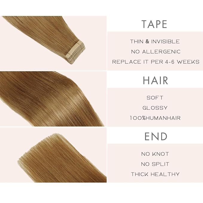 Human Hair Tape in Hair Honey Blonde 22 Inch 20pcs Seamless Skin Weft Tape in Hair Extensions Straight Double Sided Remy Invisible Hair Extensions Real Human Hair (27#,22 Inch)