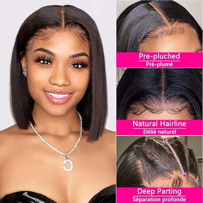 Short Bob Wig Human Hair 13x4 Frontal Bob Wigs Human Hair Pre Plucked wigs for Black Women Bob Lace Front Wigs 10 Inch 180% Density with Baby Hair Natural Color