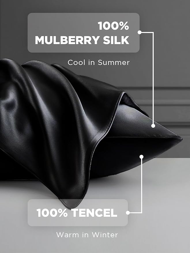 Mulberry Silk Pillowcase for Hair and Skin, SGMSILK 22 Momme Natural Silk Pillow Cases with Zipper, 6A Soft and Smooth Single Sided Pure Silk Pillow Cover (Black, Standard 20"x26")