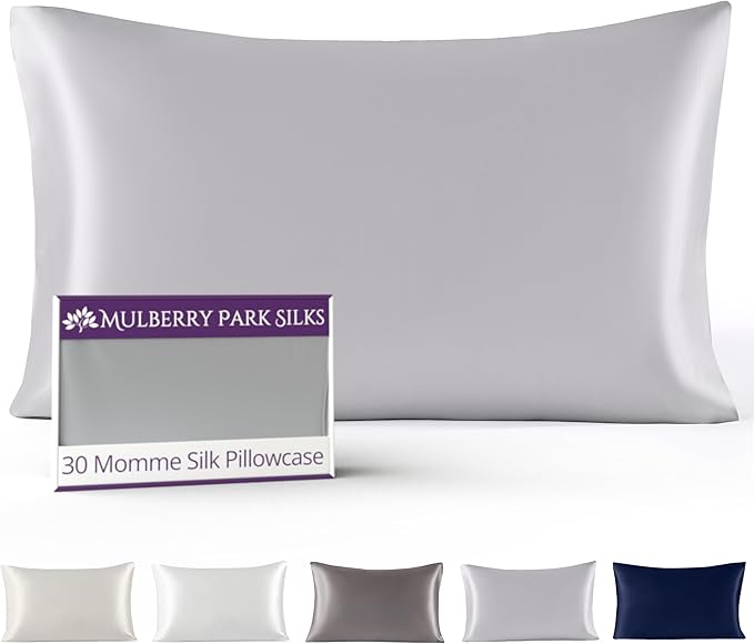 Mulberry Park 30 Momme Silk Pillowcase - Pure Silk Pillowcase for Hair and Skin, Grade 6A Charmeuse Weave Mulberry Real Silk Pillowcase for Luxury Night Sleep - 1 Pc Silver (King 20'' x 36'')