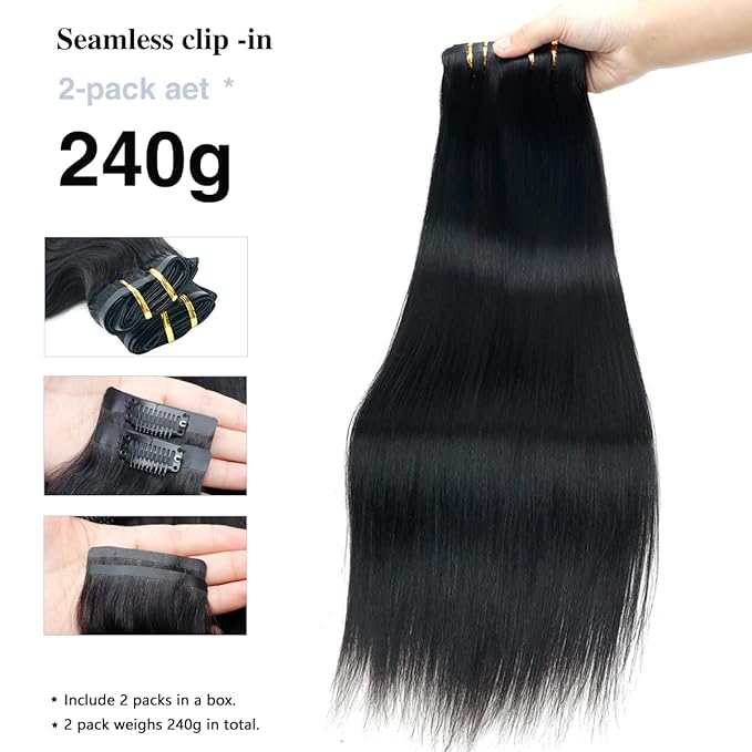 Straight Clip in Hair Extensions Real Human Hair 2 Pack 240g Seamless Clip in Hair Extensions for Women Full Max with 16Pcs PU Skin Weft 16inch Natural Black