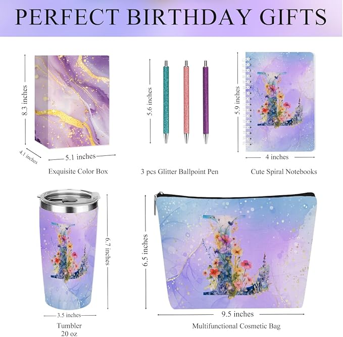 Personalized Gifts Monogrammed Birthday Gifts for Women, Mama New Mom Thanksgiving Wedding Christmas Initial 20 oz Tumbler, Makeup Bag Cup Pens Journal Notebook 6 Set, (Aesthetic Purple Flower L)