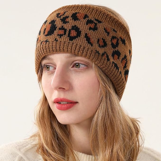 Women Leopard Knit Headband,Warm Sports Headscarf,Soft Stretchy Wide Hair Band,Fashion Accessories for Daily Wear