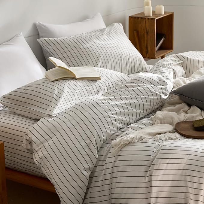 JELLYMONI 100% Natural Cotton Striped King Pillowcases Set, 2 Pack White with Thin Gray Vertical Stripes Pattern Printed Pillow Covers with Envelope Closure (Pillows are not Included)