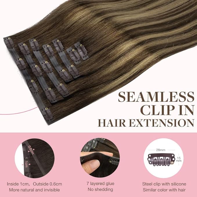 GOO GOO Clip in Hair Extensions Real Human Hair, Remy Human Hair Extensions Clip ins for Women, Natural Human Hair, 18inch 110g 7Pcs, 4/27/4 Balayage Chocolate Brown to Caramel Blonde